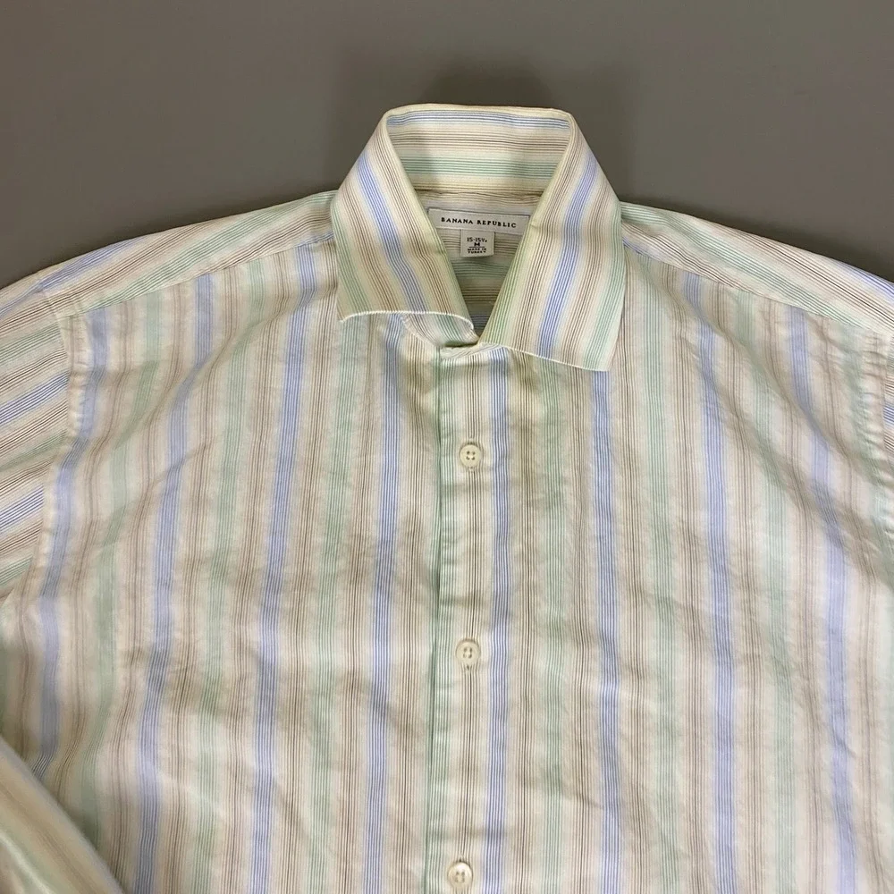 Banana Republic Button Down Shirt Mens M 15-15.5 Striped Blue Green White Cotton